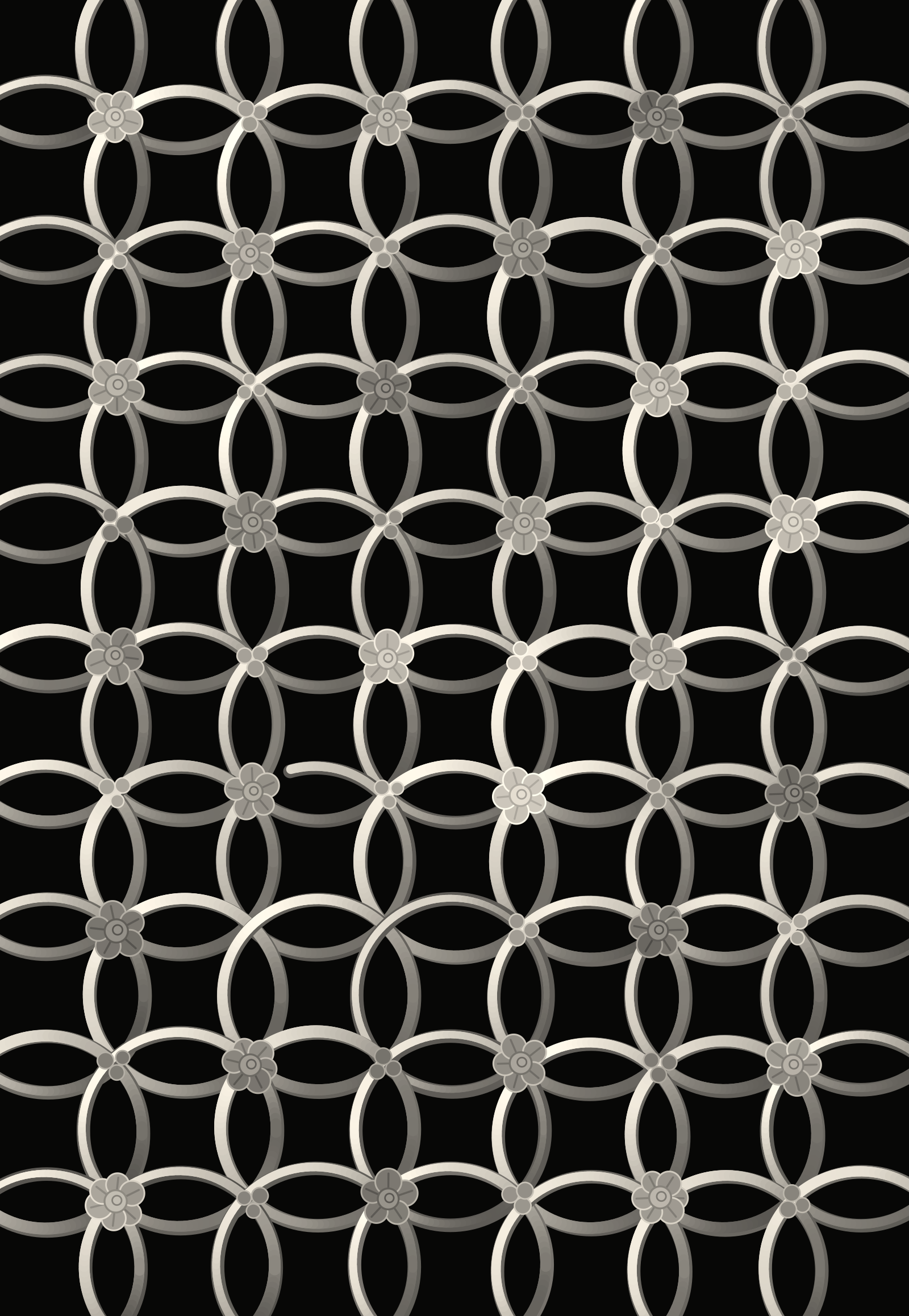 a pale carved lattice screen of interlocking rings and small blossoms against black, one ring broken open