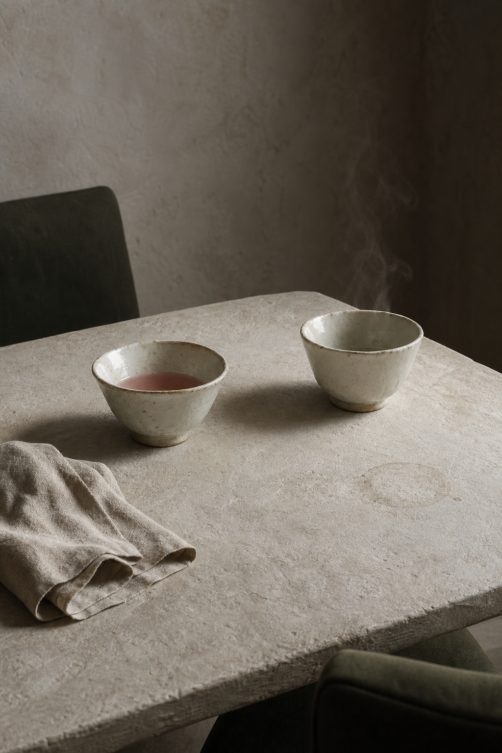 Two handmade porcelain cups after tea on a pale stone table; one holds winter-rose tea and the other is empty but still steaming.