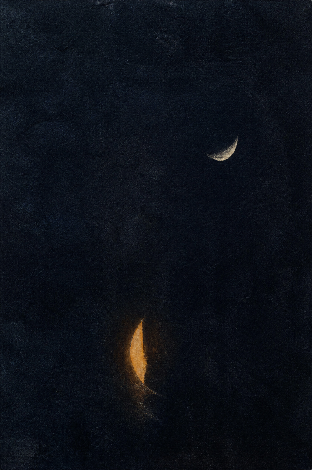 an amber aperture and a pale curved mark held apart in a field of blue-black