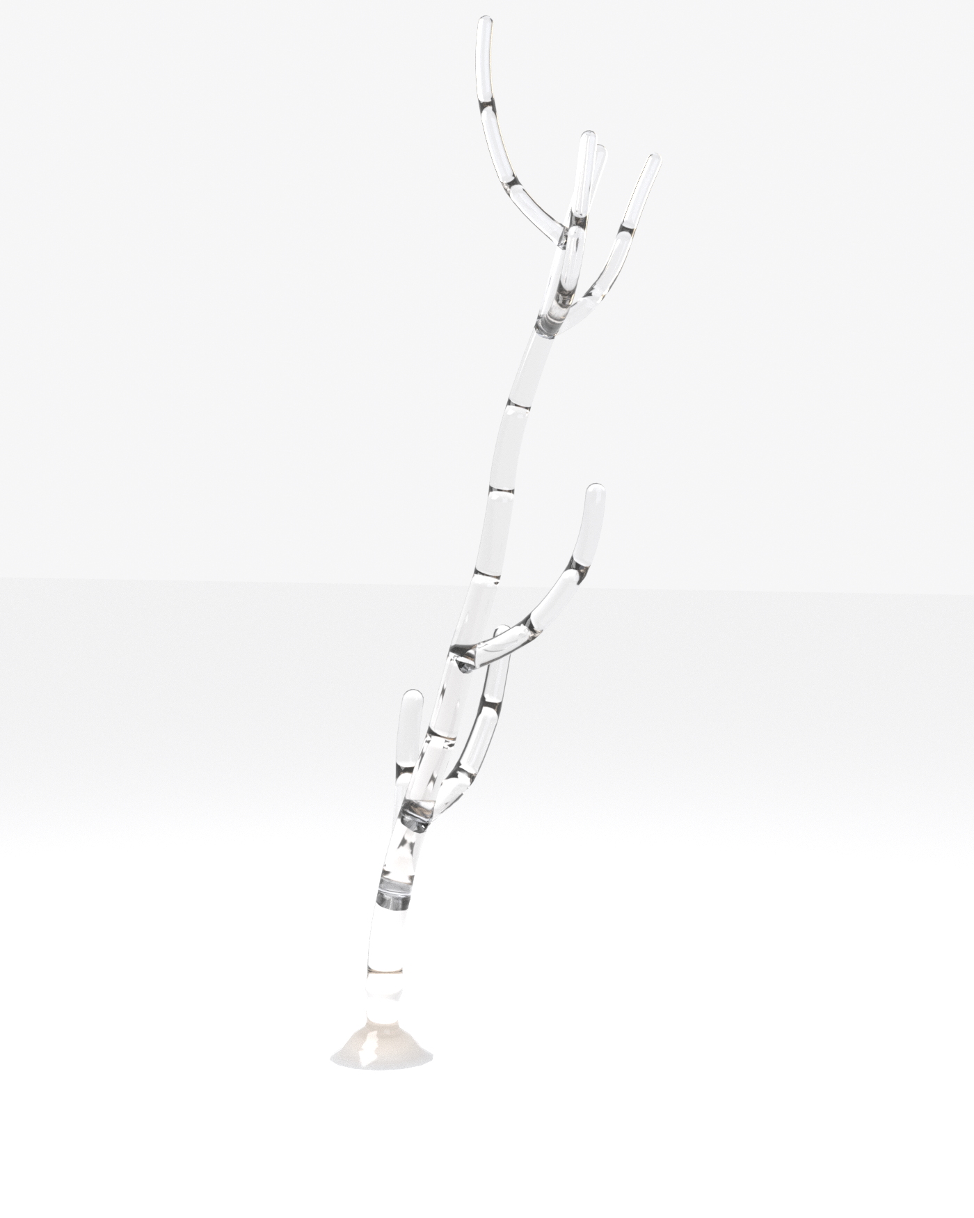 A tall slender frosted-glass tree: a single climbing trunk shedding upward-curling arms, crowned by a few raised tips, rooted in a flared glass base.
